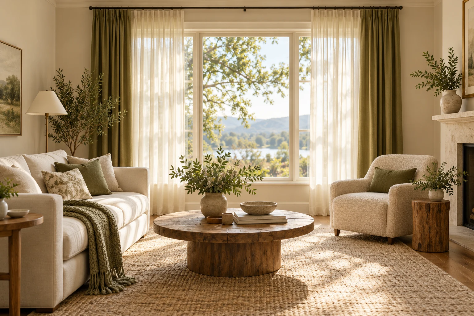 Soft daylight through layered sheer and olive curtain panels